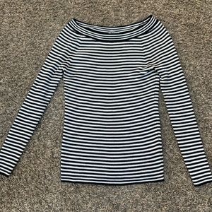 XL, black and white striped wide neck long sleeve shirt